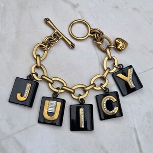 Juicy Couture Y2K Matte Goldtone "JUICY" Black Tiles Vintage Charm Bracelet